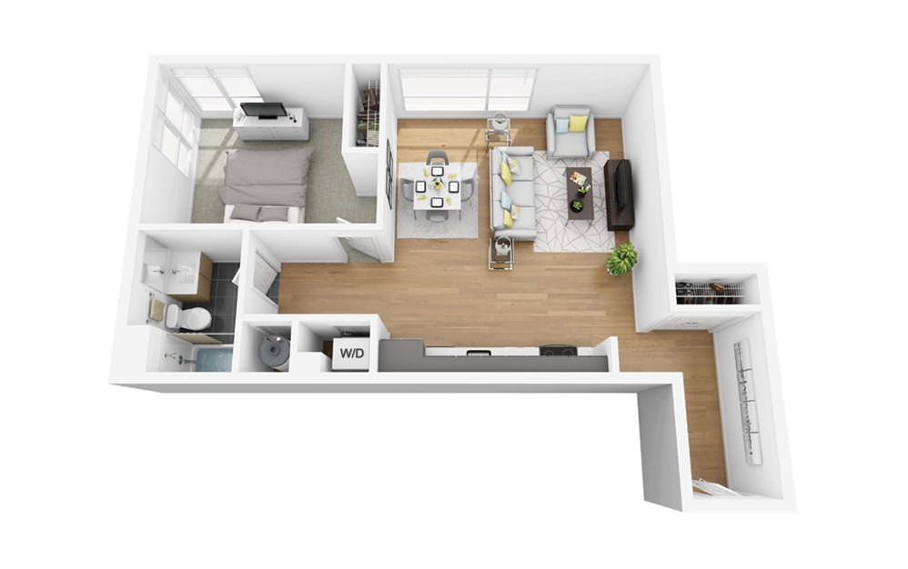 Eco A4 - 1 bedroom floorplan layout with 1 bath and 714 square feet.