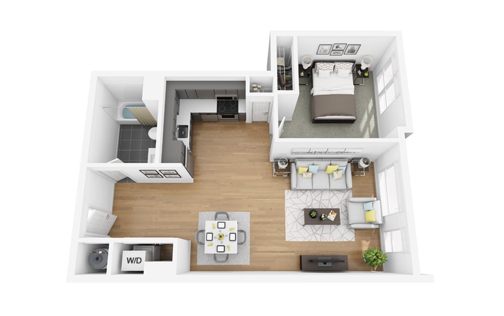 Eco A7 - 1 bedroom floorplan layout with 1 bath and 694 square feet.