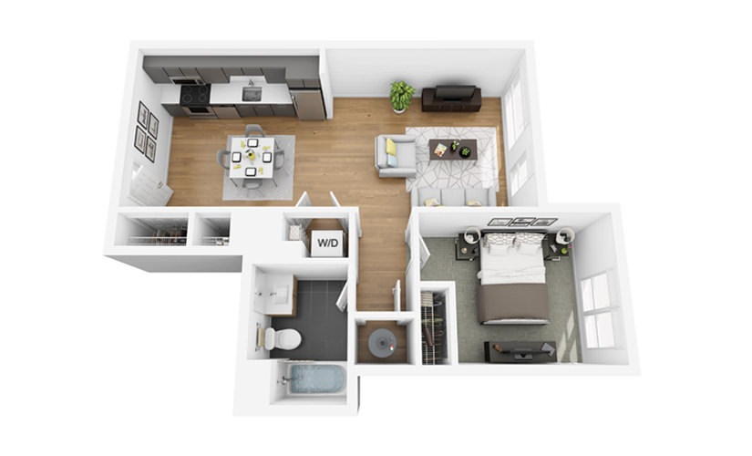 Eco A2 - 1 bedroom floorplan layout with 1 bathroom and 658 square feet