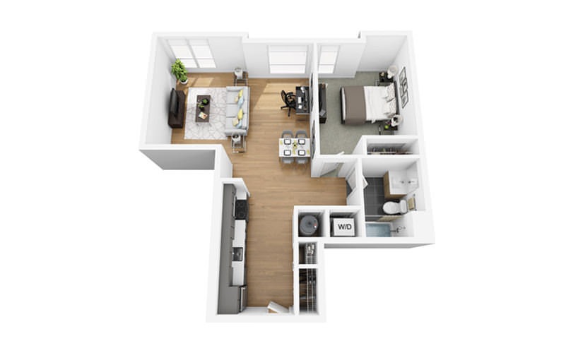 Eco A6 - 1 bedroom floorplan layout with 1 bathroom and 722 square feet