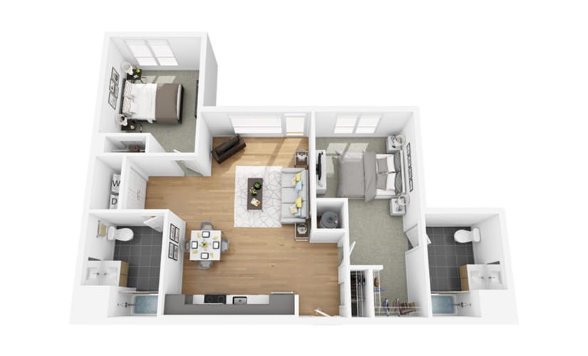 Eco C1 - 2 bedroom floorplan layout with 2 bathrooms and 997 square feet