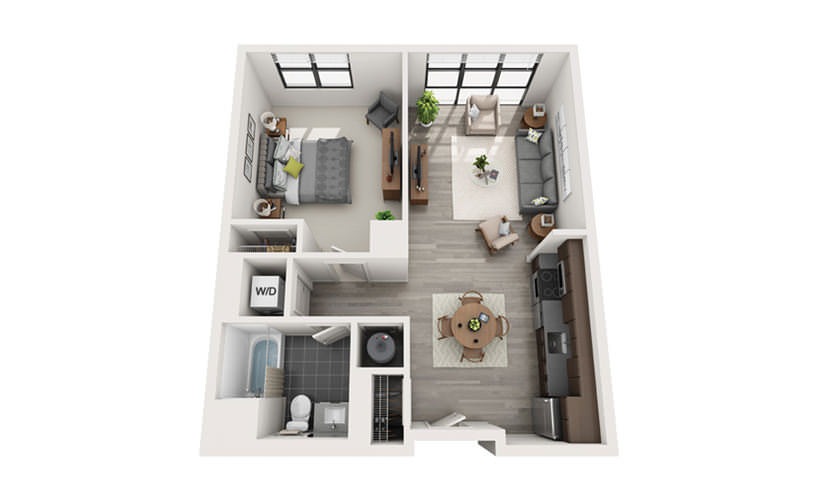 Edge A1 - 1 bedroom floorplan layout with 1 bathroom and 696 square feet