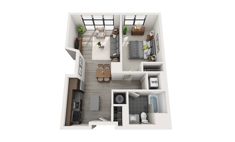 Edge A6 - 1 bedroom floorplan layout with 1 bathroom and 635 square feet