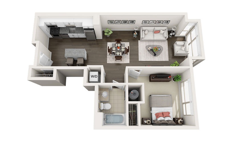 Element A7 - 1 bedroom floorplan layout with 1 bathroom and 726 square feet
