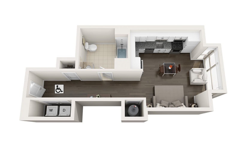 Element S1.HC - Studio floorplan layout with 1 bathroom and 501 square feet